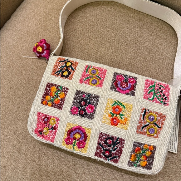 NWT Made in India Floral Flower Checkered Square Tile Embroidered Beaded Bag - Picture 2 of 4